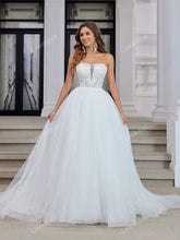 White Strapless Tulle Wedding Dress For Bride Long Lace Floral Applique Bridal Gown Lace Up Back With Train